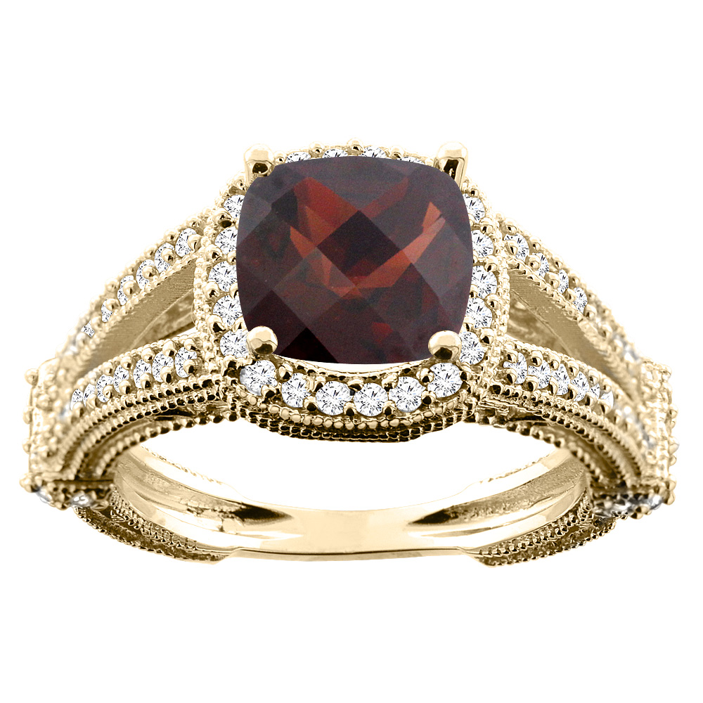 10K White/Yellow/Rose Gold Natural Garnet Cushion 8x8mm Diamond Accent 3/8 inch wide, size 5