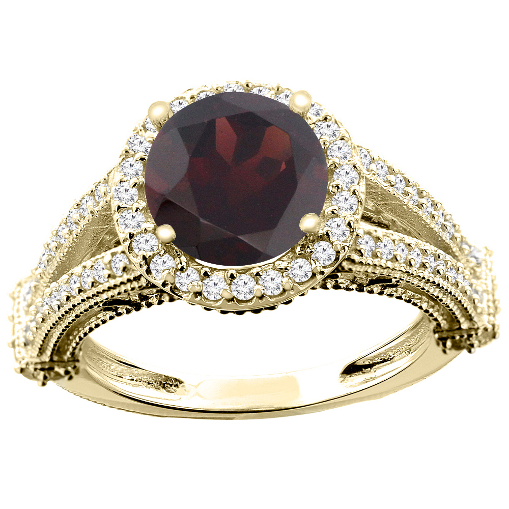 14K White/Yellow/Rose Gold Natural Garnet Ring Round 8mm Diamond Accent, sizes 5 - 10