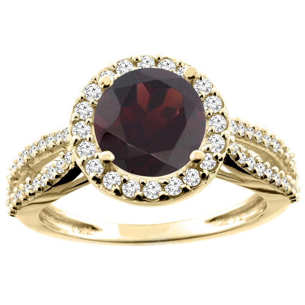 14K White/Yellow/Rose Gold Natural Garnet Ring Round 8mm Diamond Accent, sizes 5 - 10