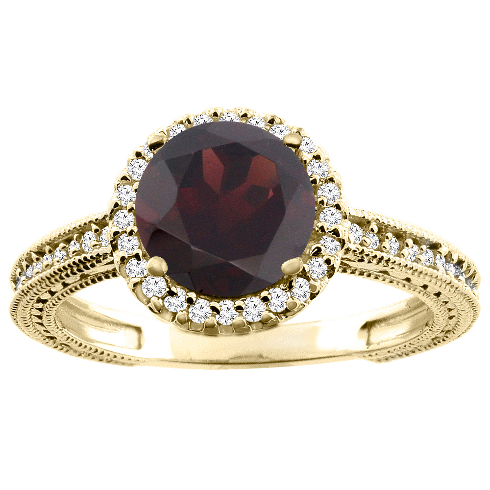 14K White/Yellow/Rose Gold Natural Garnet Ring Round 7mm Diamond Accent, sizes 5 - 10