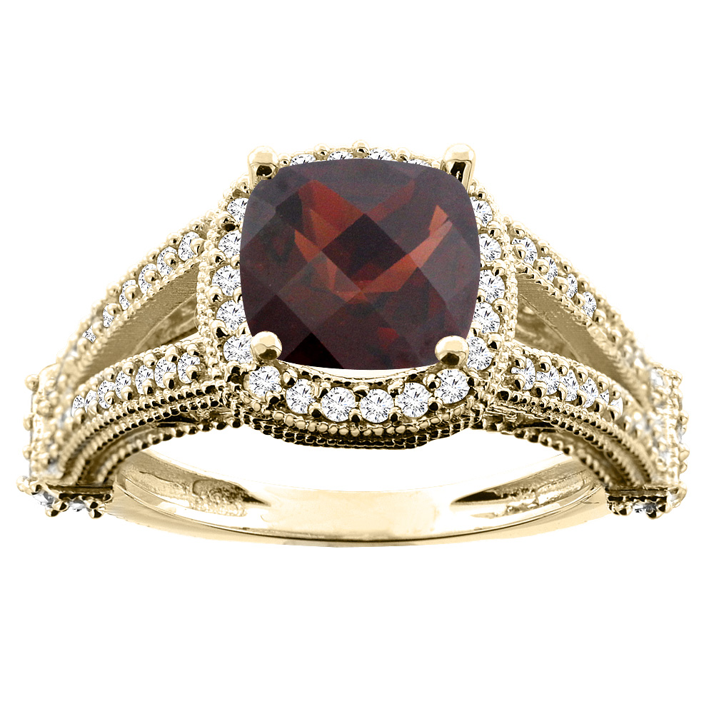 14K White/Yellow/Rose Gold Natural Garnet Split Shank Ring Cushion 7x7mm Diamond Accent, sizes 5 - 10