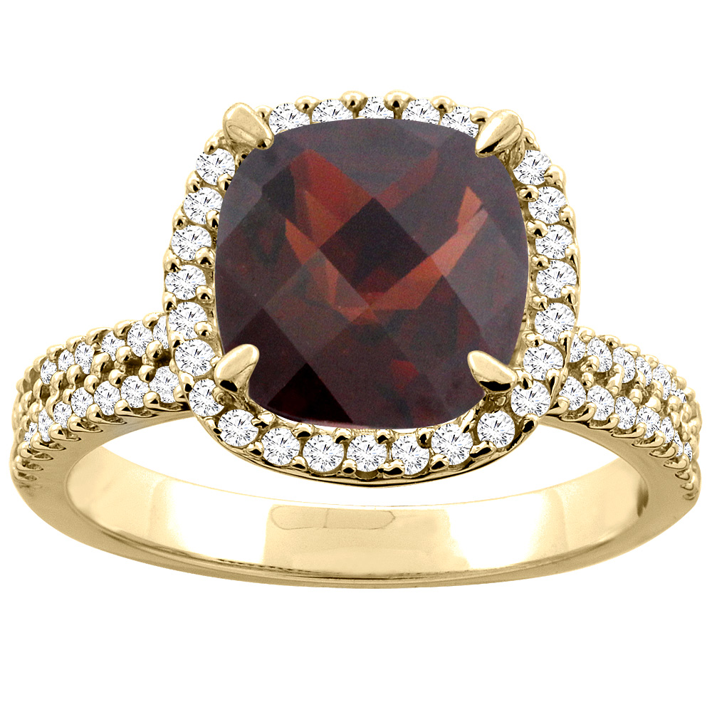 14K Yellow Gold Natural Garnet Halo Ring Cushion 9x9mm Diamond Accent, sizes 5 - 10