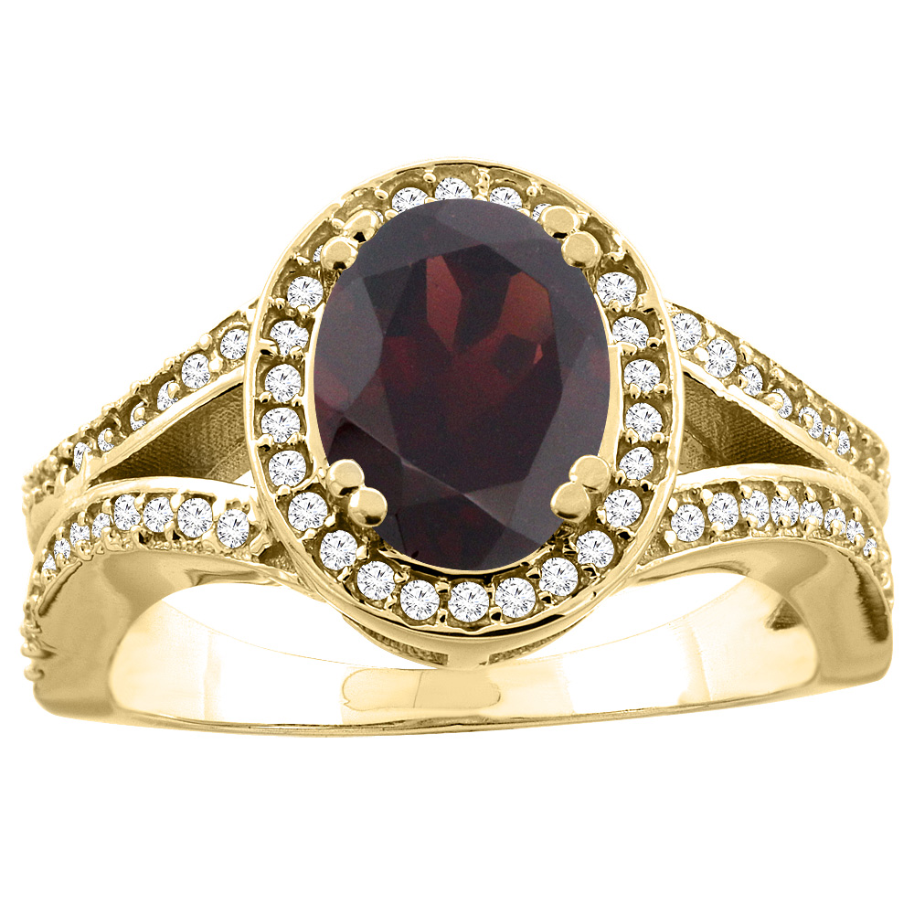 14k Gold Diamond Halo Genuine Garnet Ring Split Shank Oval 8x6mm, size 5-10
