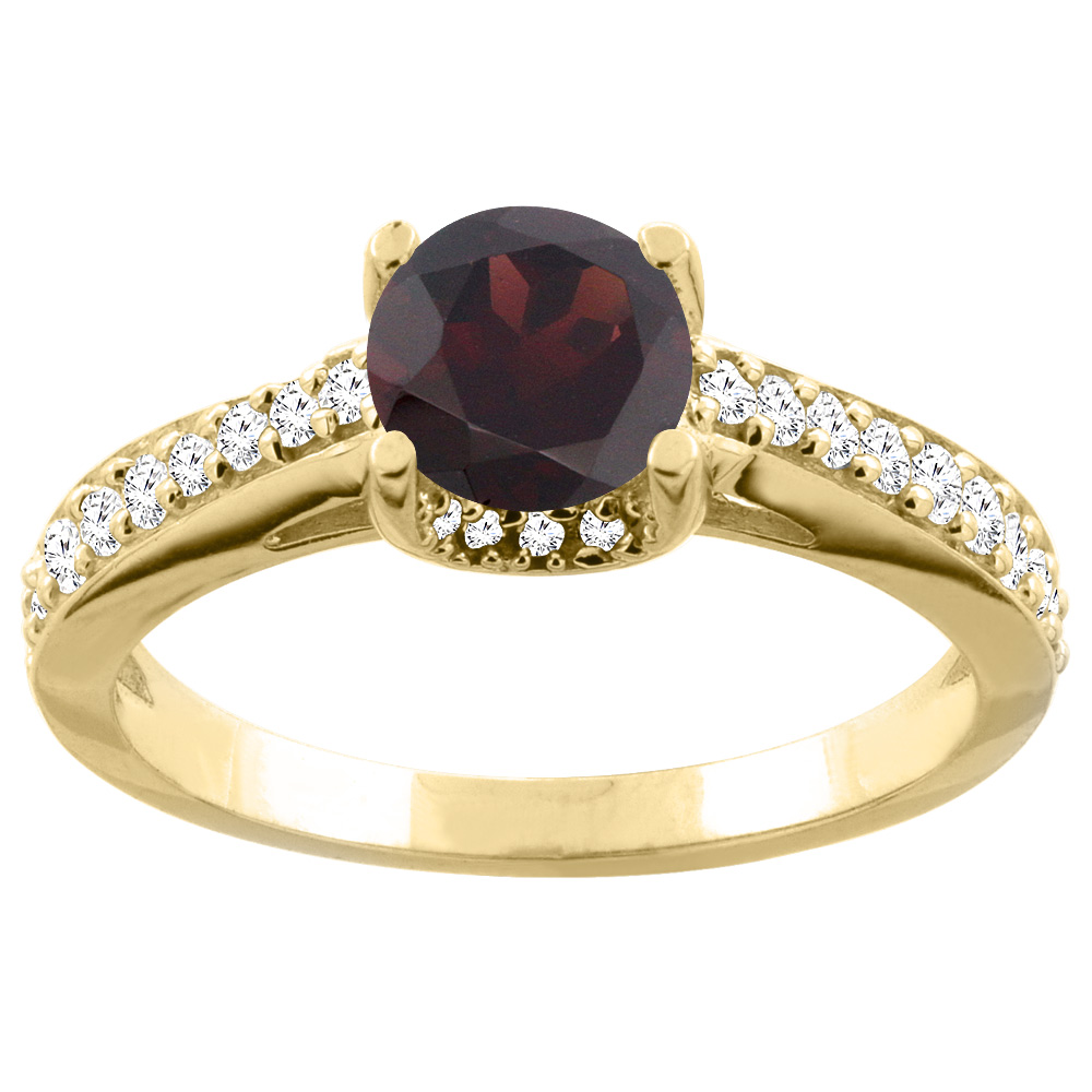 14K Yellow Gold Natural Garnet Ring Round 6mm Diamond Accents 1/4 inch wide, sizes 5 - 10