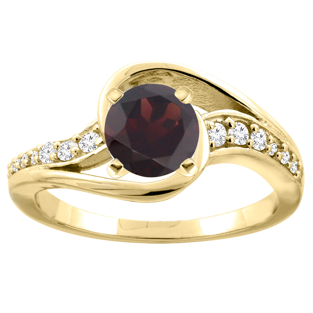 14K White/Yellow Gold Natural Garnet Bypass Ring Round 6mm Diamond Accent, sizes 5 - 10