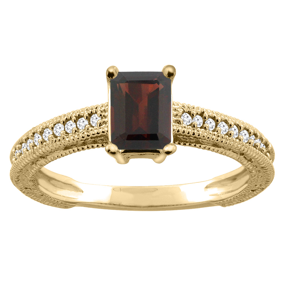 14K Gold Natural Garnet Engagement Ring Octagon 8x6mm Diamond Accents, sizes 5 - 10