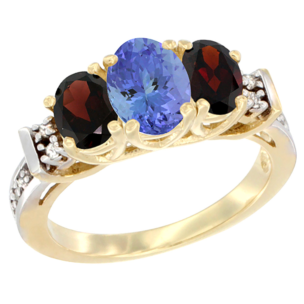 10K Yellow Gold Natural Tanzanite & Garnet Ring 3-Stone Oval Diamond Accent