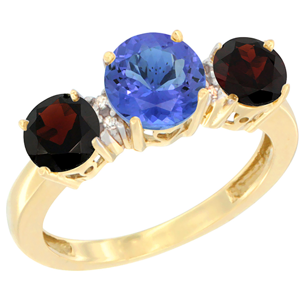 10K Yellow Gold Round 3-Stone Natural Tanzanite Ring & Garnet Sides Diamond Accent, sizes 5 - 10