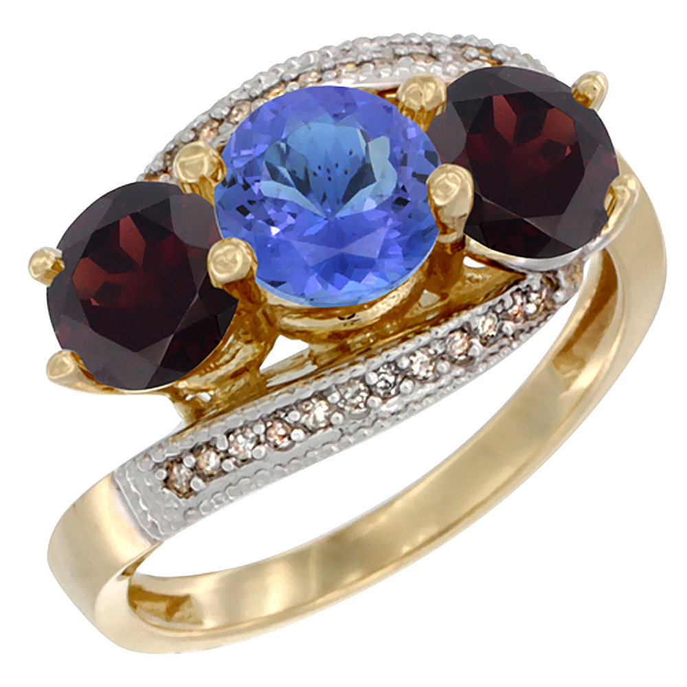 10K Yellow Gold Natural Tanzanite & Garnet Sides 3 stone Ring Round 6mm Diamond Accent, sizes 5 - 10