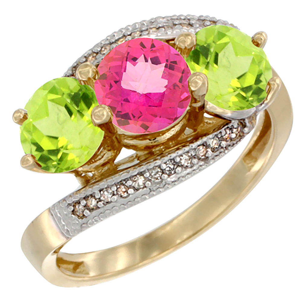 10K Yellow Gold Natural Pink Topaz & Peridot Sides 3 stone Ring Round 6mm Diamond Accent, sizes 5 - 10