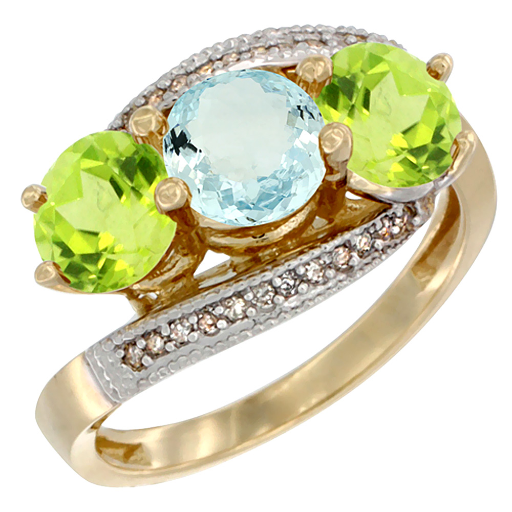 10K Yellow Gold Natural Aquamarine & Peridot Sides 3 stone Ring Round 6mm Diamond Accent, sizes 5 - 10