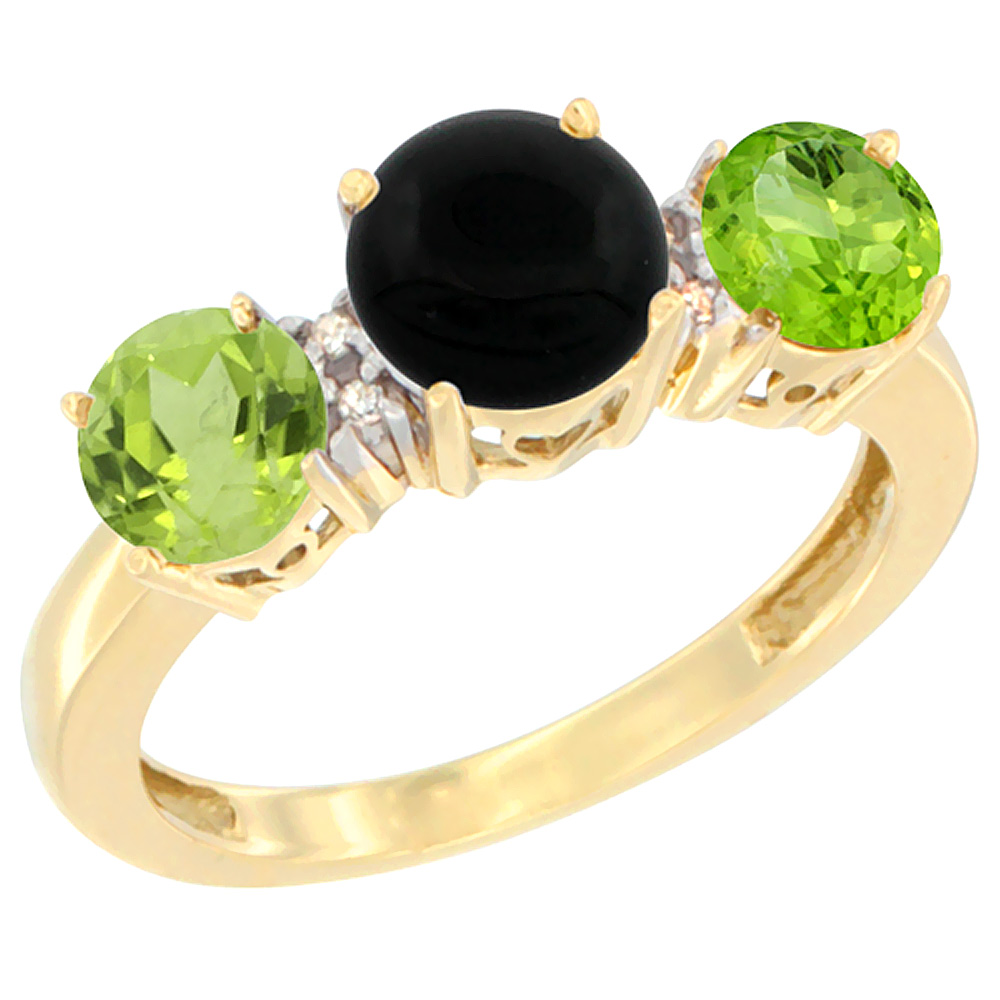 10K Yellow Gold Round 3-Stone Natural Black Onyx Ring & Peridot Sides Diamond Accent, sizes 5 - 10