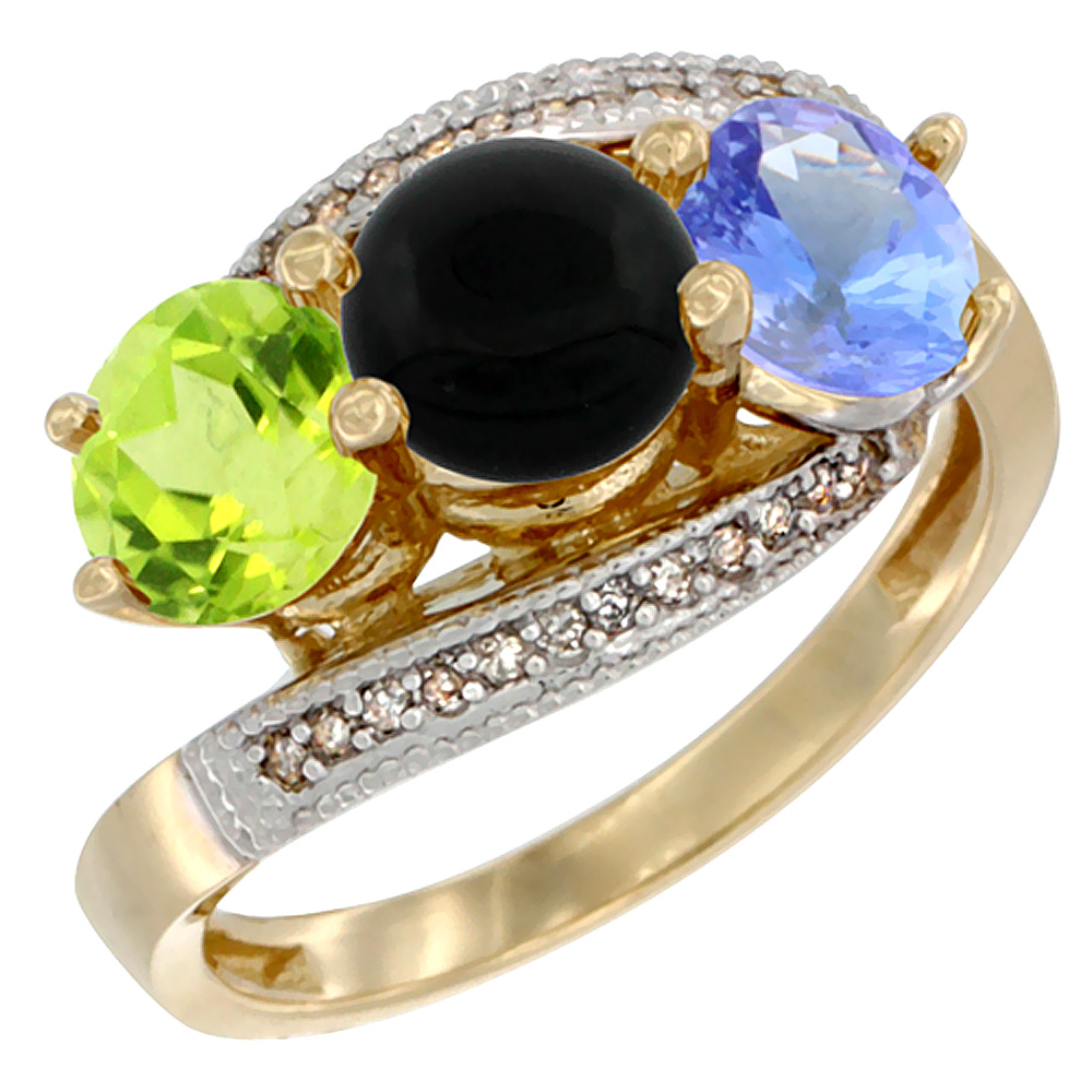 14K Yellow Gold Natural Peridot, Black Onyx & Tanzanite 3 stone Ring Round 6mm Diamond Accent, sizes 5 - 10