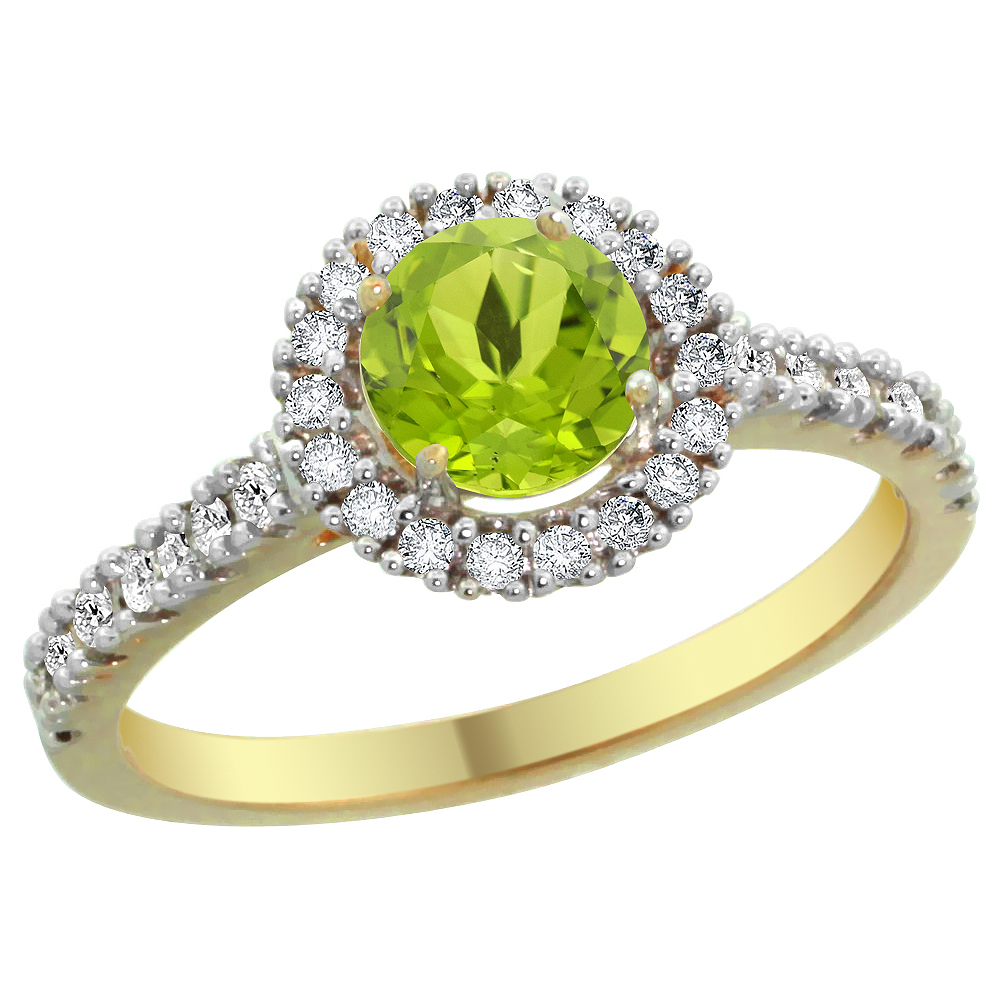 14K Yellow Gold Diamond Halo Natural Peridot Ring Round 6mm, sizes 5 - 10