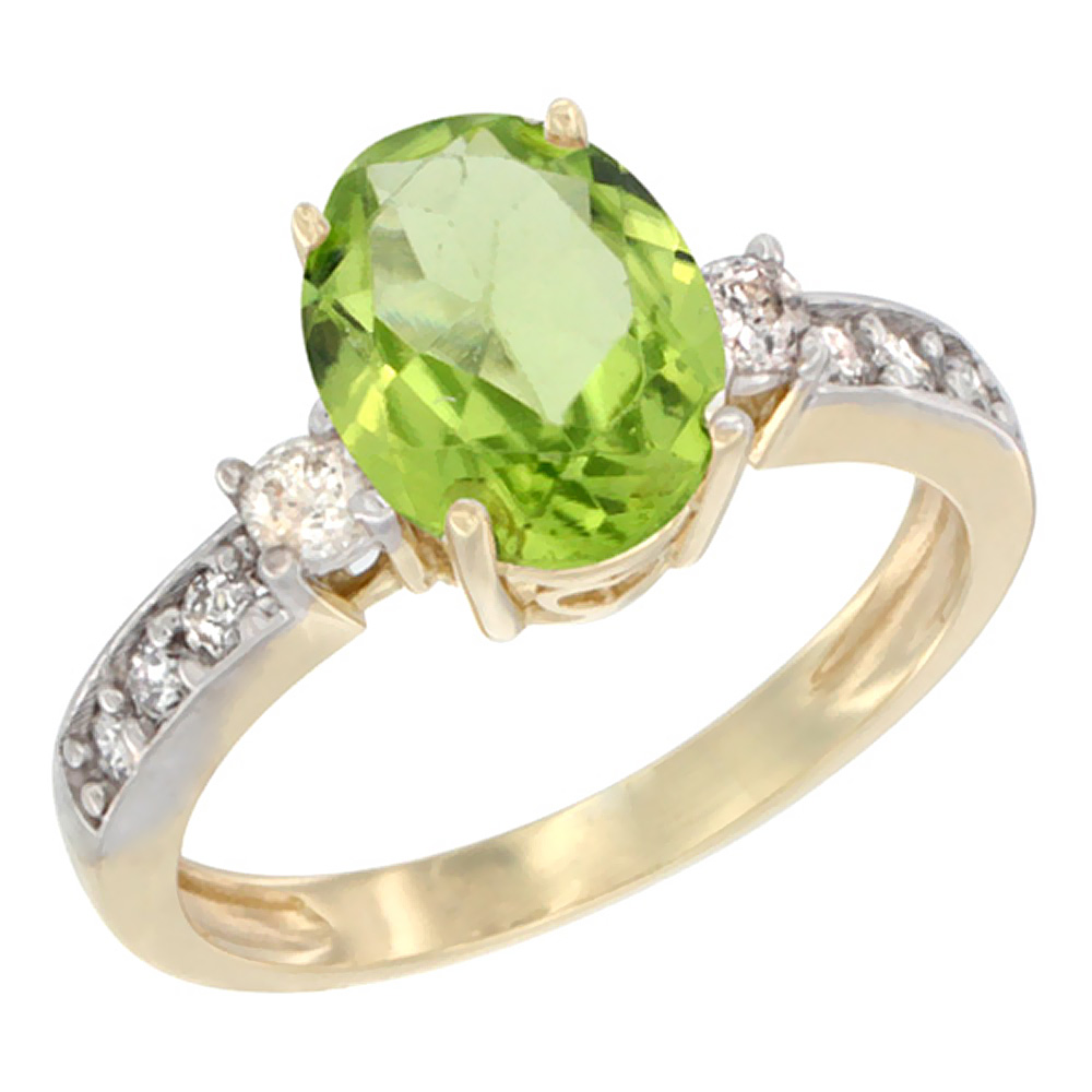 10K White Gold Natural Peridot Ring Oval 9x7 mm Diamond Accent, sizes 5 - 10