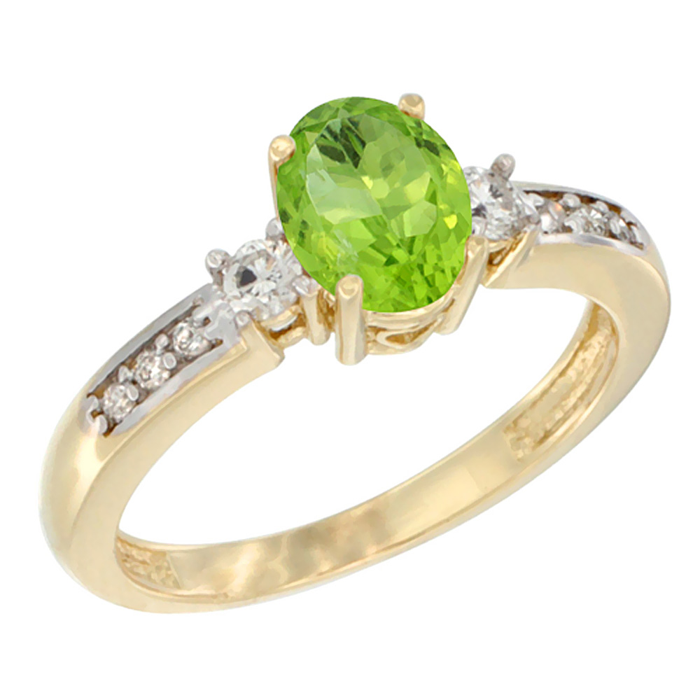 10K White Gold Diamond Natural Peridot Engagement Ring Oval 7x5 mm, sizes 5 - 10