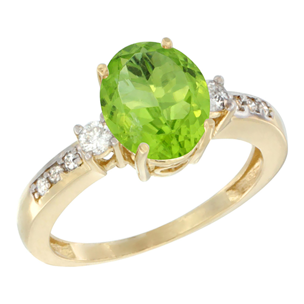 10k Yellow Gold Natural Peridot Ring Oval 9x7 mm Diamond Accent, sizes 5 - 10