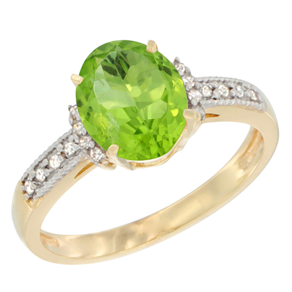 10K Yellow Gold Natural Peridot Ring Oval 9x7 mm Diamond Accent, sizes 5 - 10