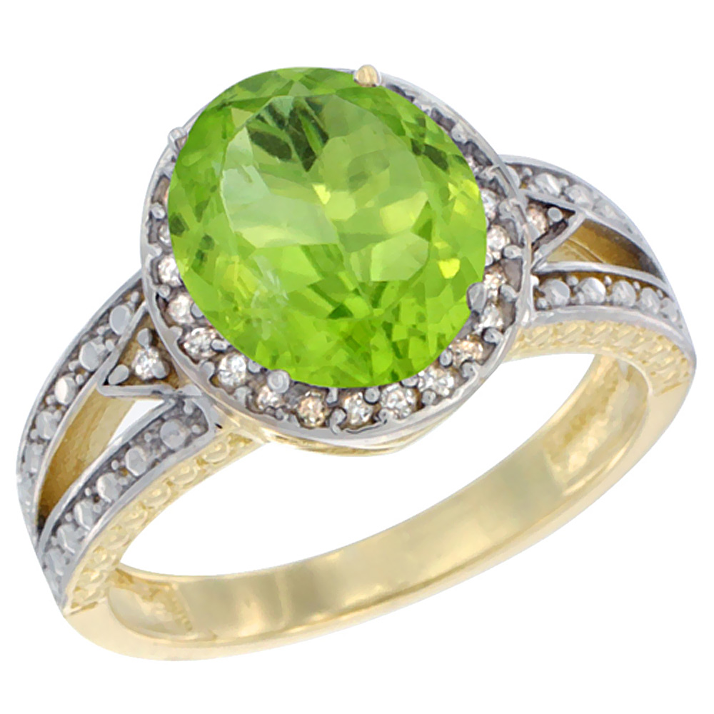 10k Yellow Gold Natural Peridot Ring Oval 9x7 mm Diamond Halo, sizes 5 - 10
