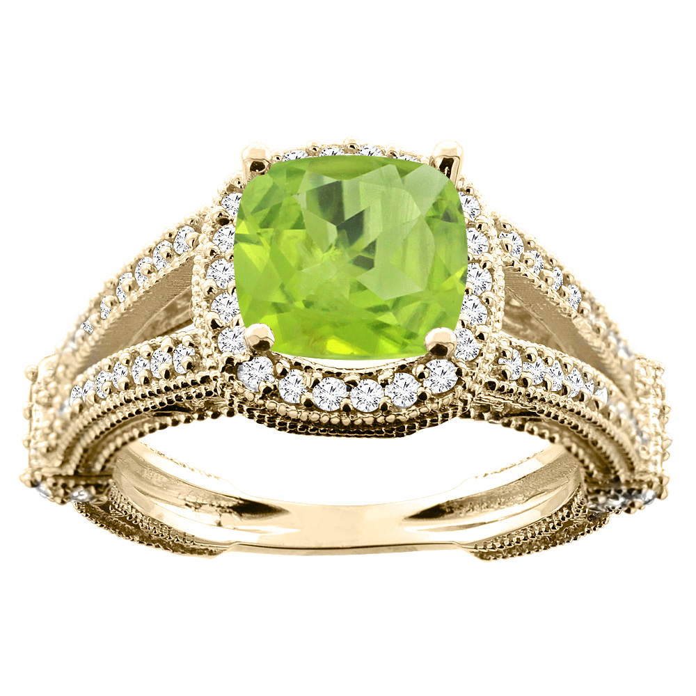 14K White/Yellow/Rose Gold Natural Peridot Cushion 8x8mm Diamond Accent 3/8 inch wide, sizes 5 - 10