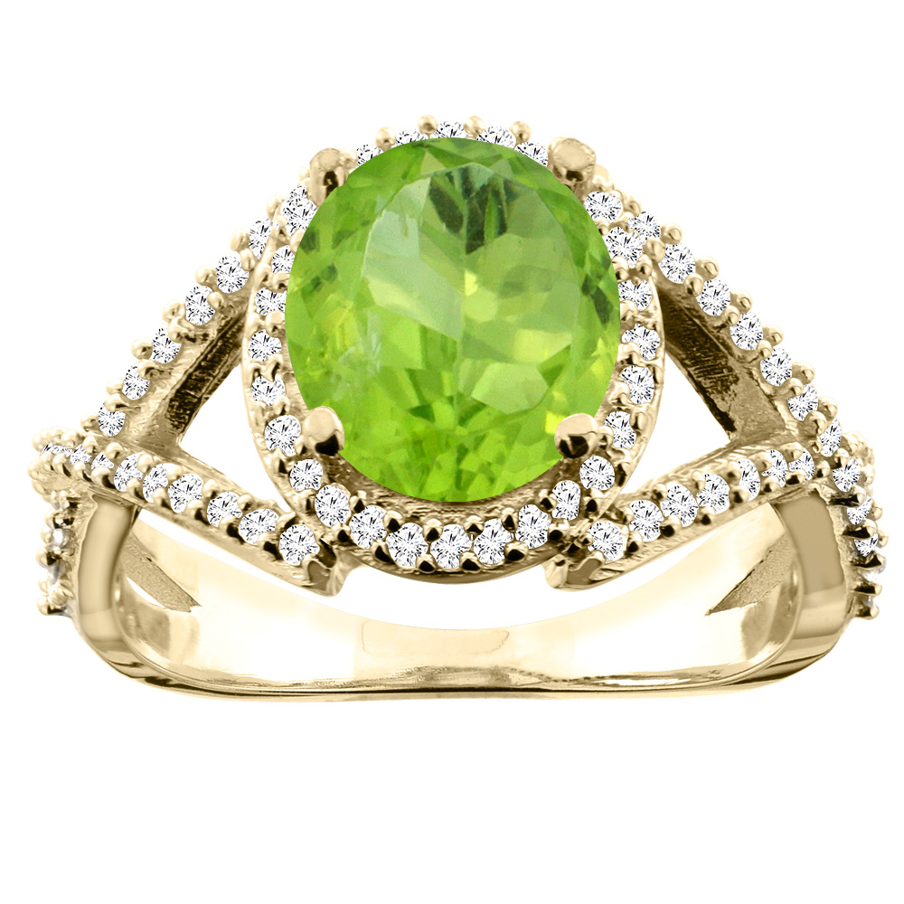 14K Yellow Gold Natural Peridot Ring Oval 9x7mm Diamond Accent, size 5