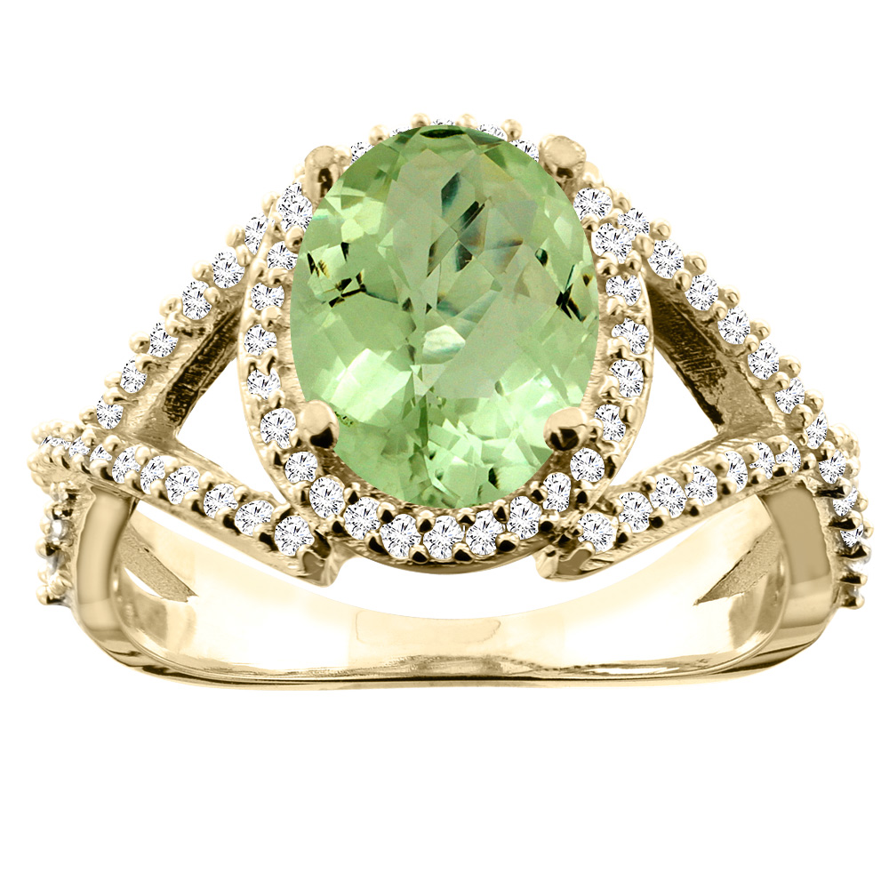 10K White/Yellow/Rose Gold Natural Peridot Ring Oval 10x8mm Diamond Accent, sizes 5 - 10