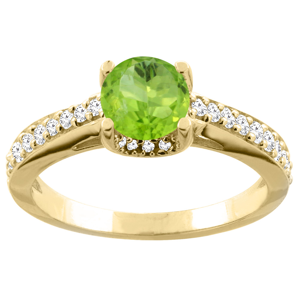 14K Yellow Gold Natural Peridot Ring Round 6mm Diamond Accents 1/4 inch wide, sizes 5 - 10