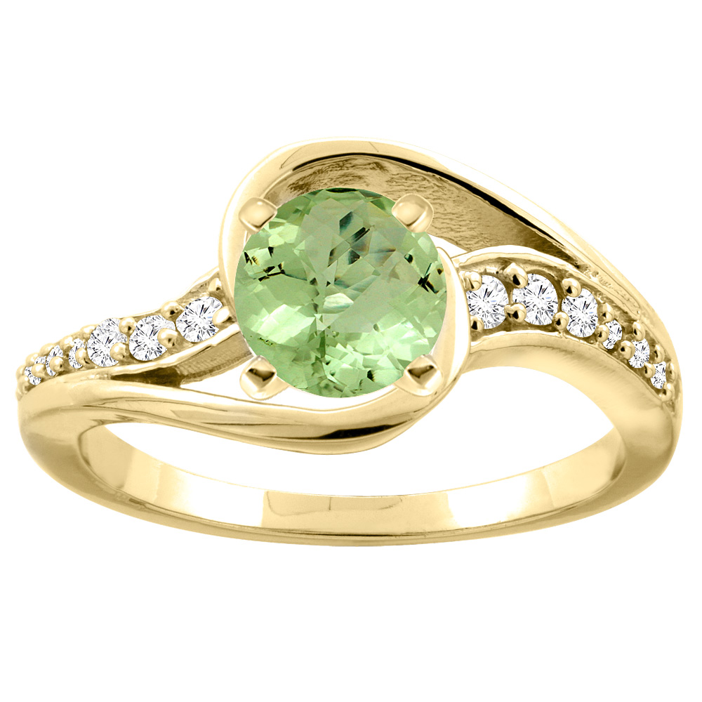 14K White/Yellow Gold Natural Peridot Bypass Ring Round 6mm Diamond Accent, sizes 5 - 10