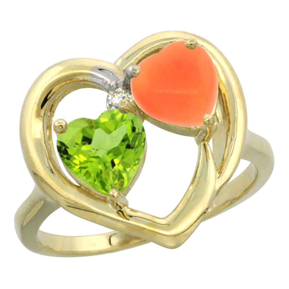 10K Yellow Gold Diamond Two-stone Heart Ring 6mm Natural Peridot & Coral, sizes 5-10