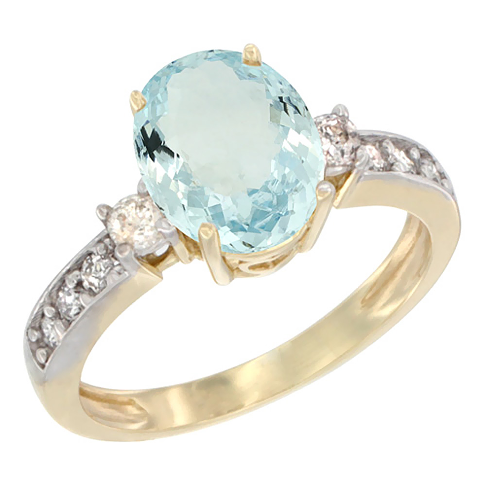 10K White Gold Natural Aquamarine Ring Oval 9x7 mm Diamond Accent, sizes 5 - 10