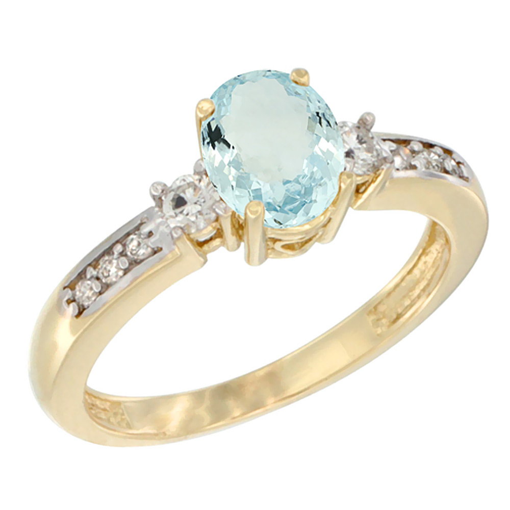 10K White Gold Diamond Natural Aquamarine Engagement Ring Oval 7x5 mm, sizes 5 - 10