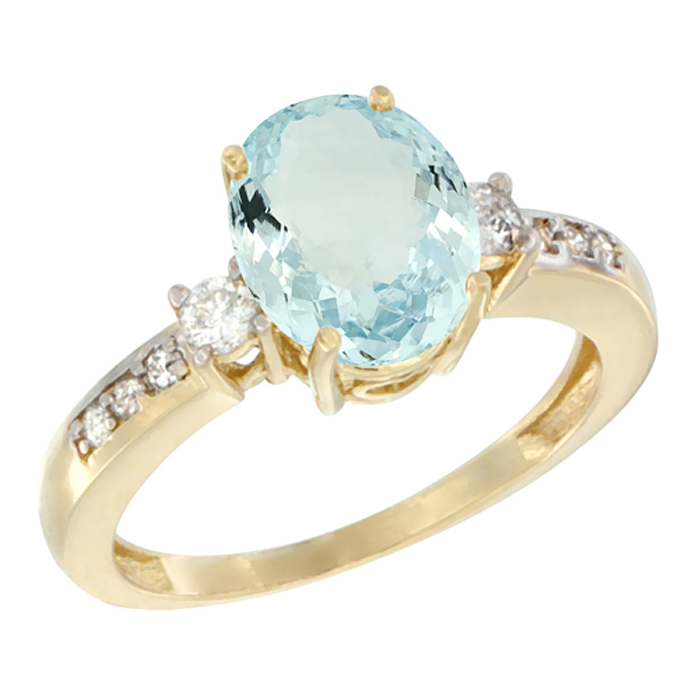 10k Yellow Gold Natural Aquamarine Ring Oval 9x7 mm Diamond Accent, sizes 5 - 10