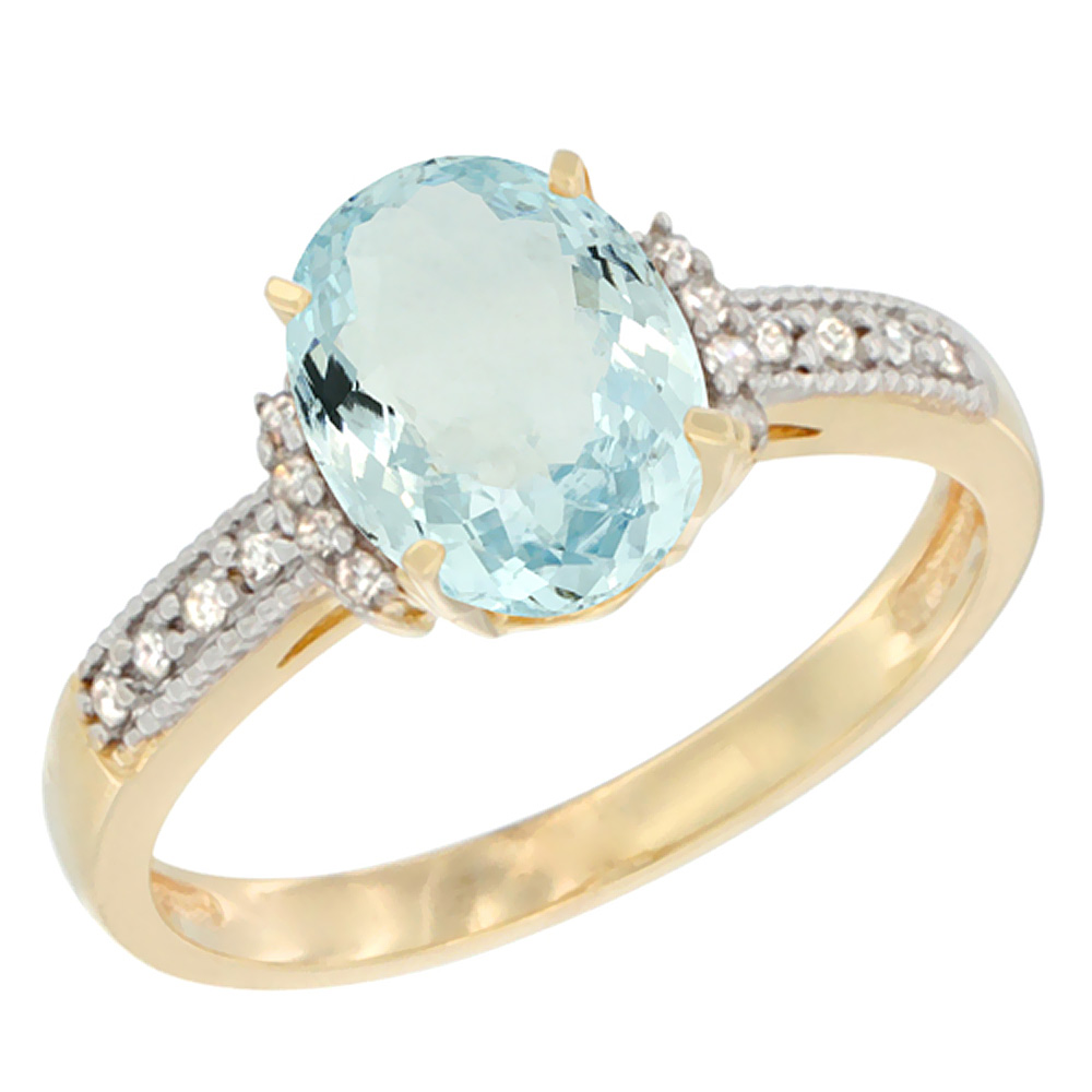 10K Yellow Gold Natural Aquamarine Ring Oval 9x7 mm Diamond Accent, sizes 5 - 10