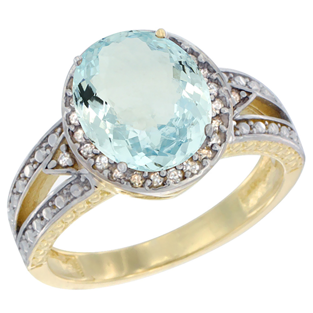 10k Yellow Gold Natural Aquamarine Ring Oval 9x7 mm Diamond Halo, sizes 5 - 10
