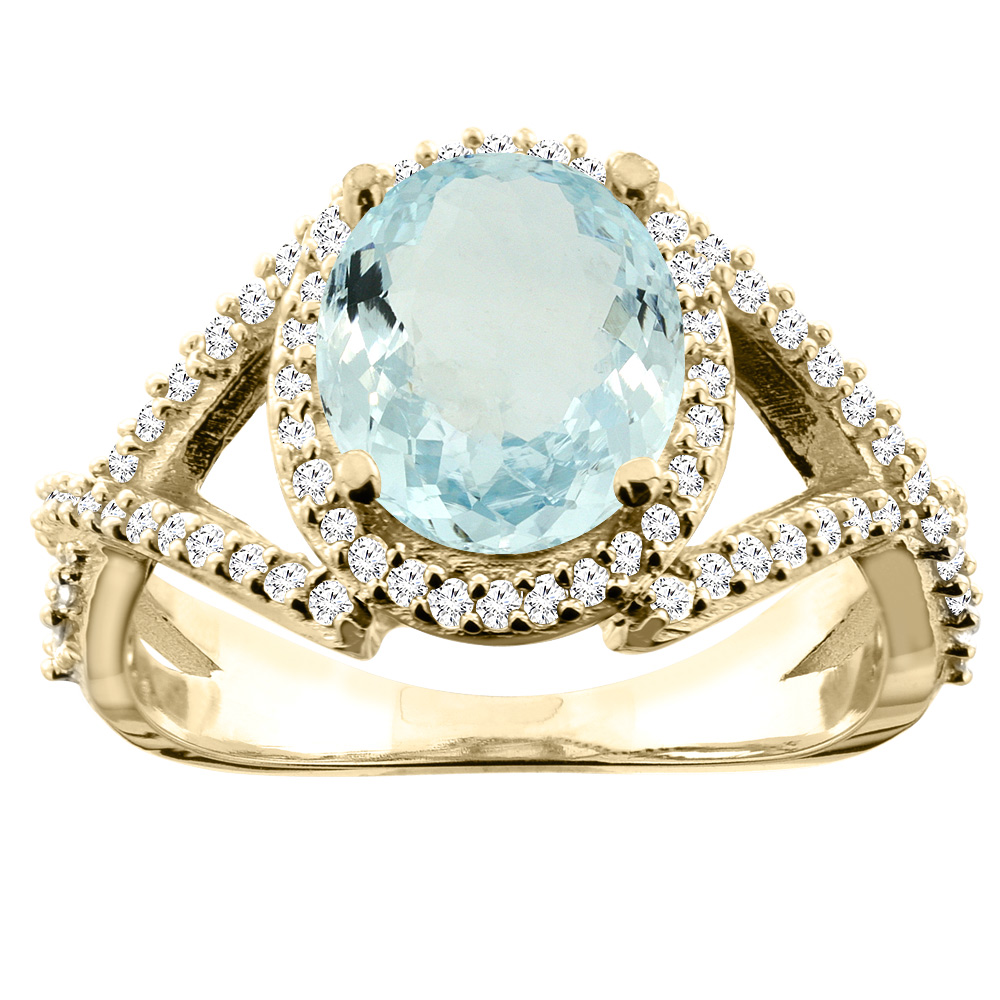 10K Yellow Gold Natural Aquamarine Ring Oval 9x7mm Diamond Accent, size 5