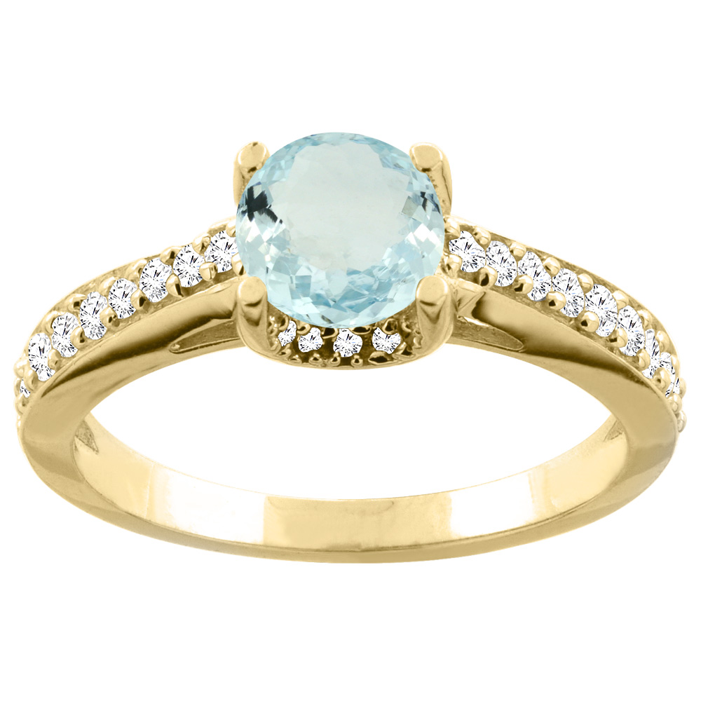 10K Yellow Gold Natural Aquamarine Ring Round 6mm Diamond Accents 1/4 inch wide, sizes 5 - 10