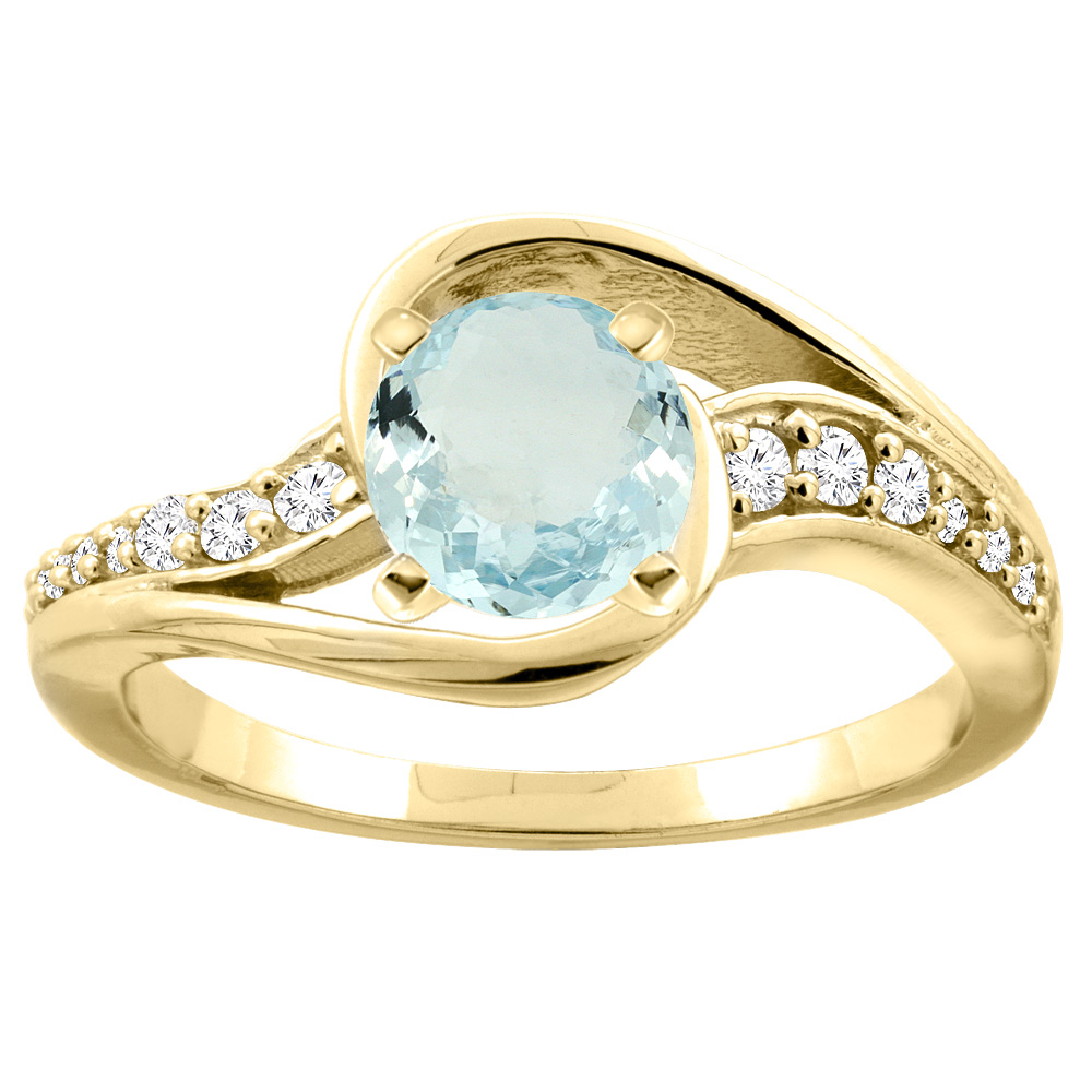 10K White/Yellow Gold Natural Aquamarine Bypass Ring Round 6mm Diamond Accent, sizes 5 - 10