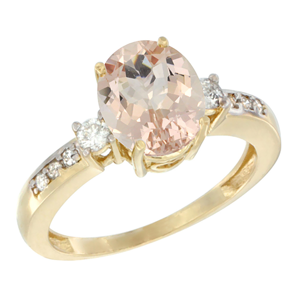 14K Yellow Gold Natural Morganite Ring Oval 9x7 mm Diamond Accent, sizes 5 - 10