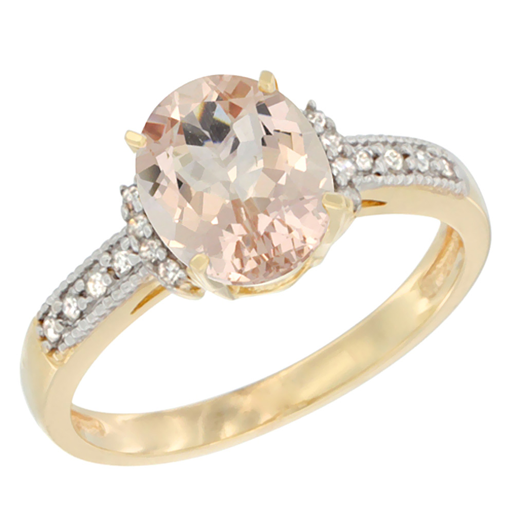 14K Yellow Gold Natural Morganite Ring Oval 9x7 mm Diamond Accent, sizes 5 - 10