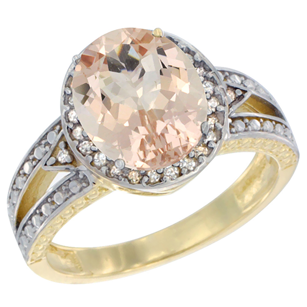 14K Yellow Gold Natural Morganite Ring Oval 9x7 mm Diamond Halo, sizes 5 - 10