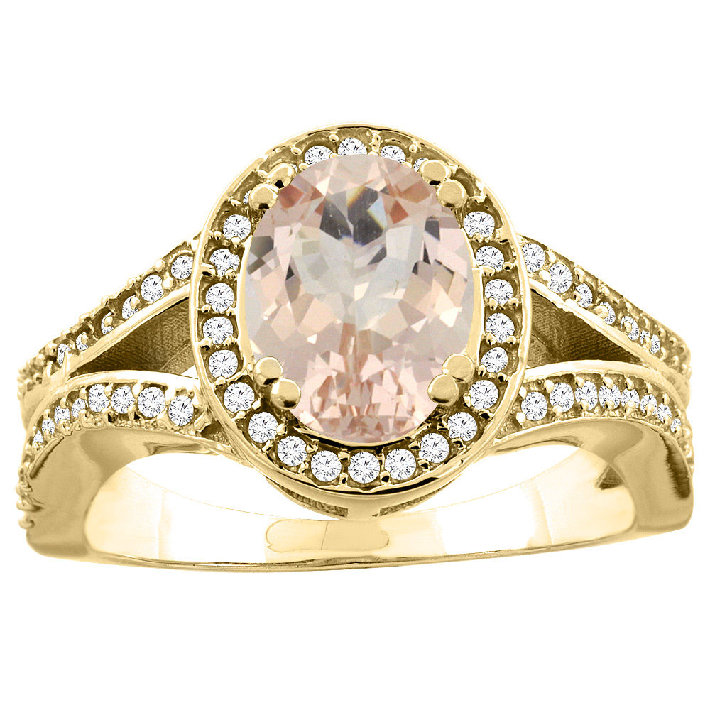 14k Gold Diamond Halo Genuine Morganite Ring Split Shank Oval 8x6mm, size 5-10