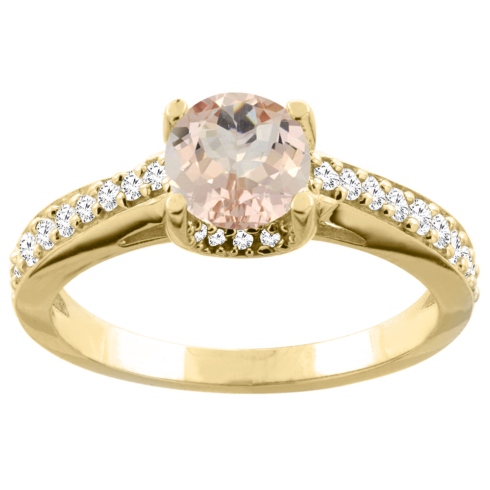 14K Yellow Gold Natural Morganite Ring Round 6mm Diamond Accents 1/4 inch wide, sizes 5 - 10