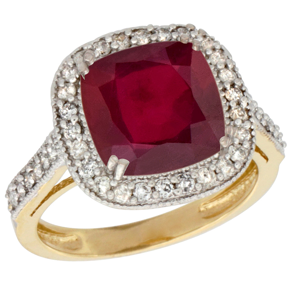 14K Yellow Gold Diamond and Enhanced Genuine Ruby Ring Cushion-cut 9x9mm, sizes 5-10