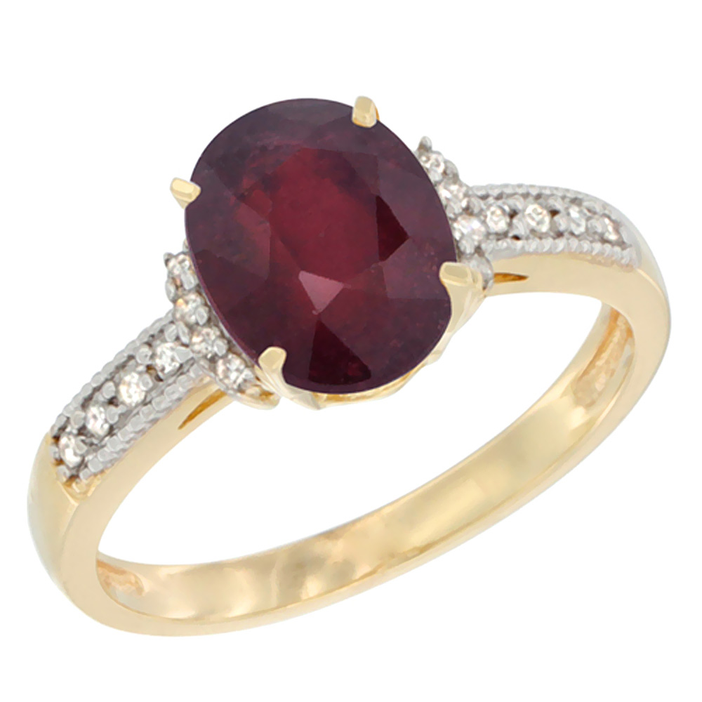 10K Yellow Gold Natural High Quality Ruby Ring Oval 9x7 mm Diamond Accent, sizes 5 - 10