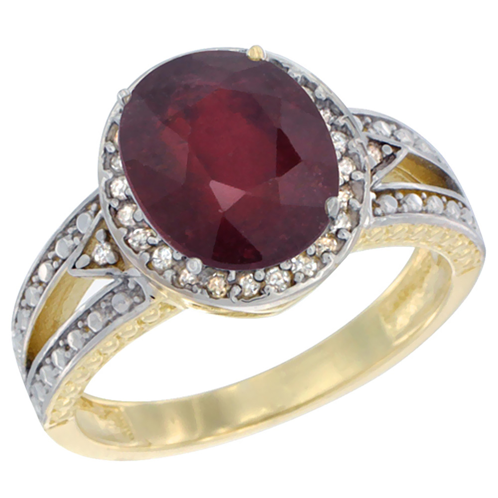 10k Yellow Gold Natural High Quality Ruby Ring Oval 9x7 mm Diamond Halo, sizes 5 - 10