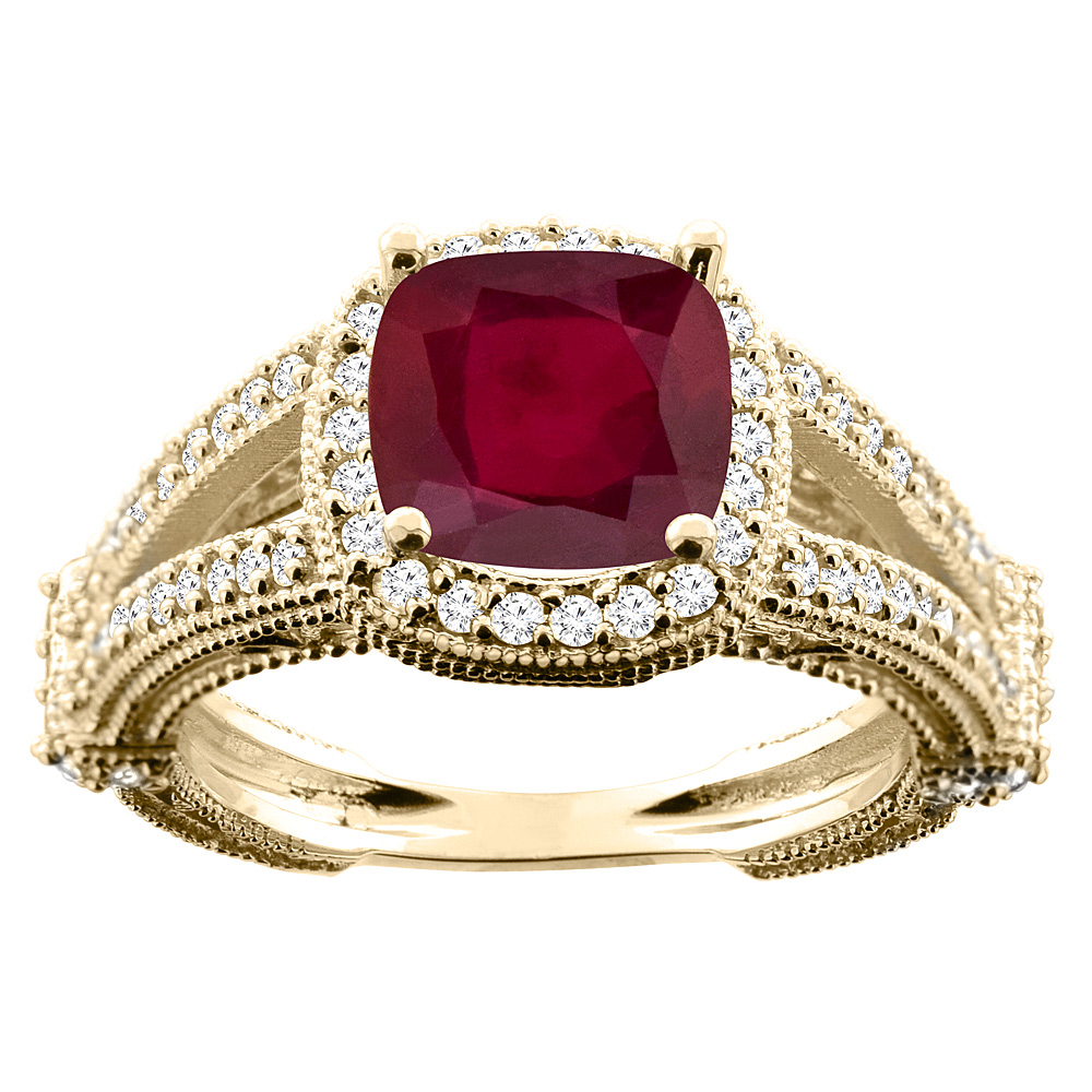14K White/Yellow Gold Diamond and Enhanced Genuine Ruby Cushion-cut 8x8mm, sizes 5 - 10
