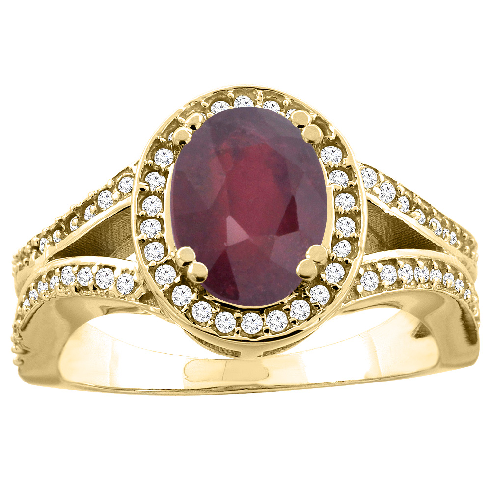 14k Gold Diamond Halo Enhanced Genuine Ruby Ring Split Shank Oval 8x6mm, size 5-10