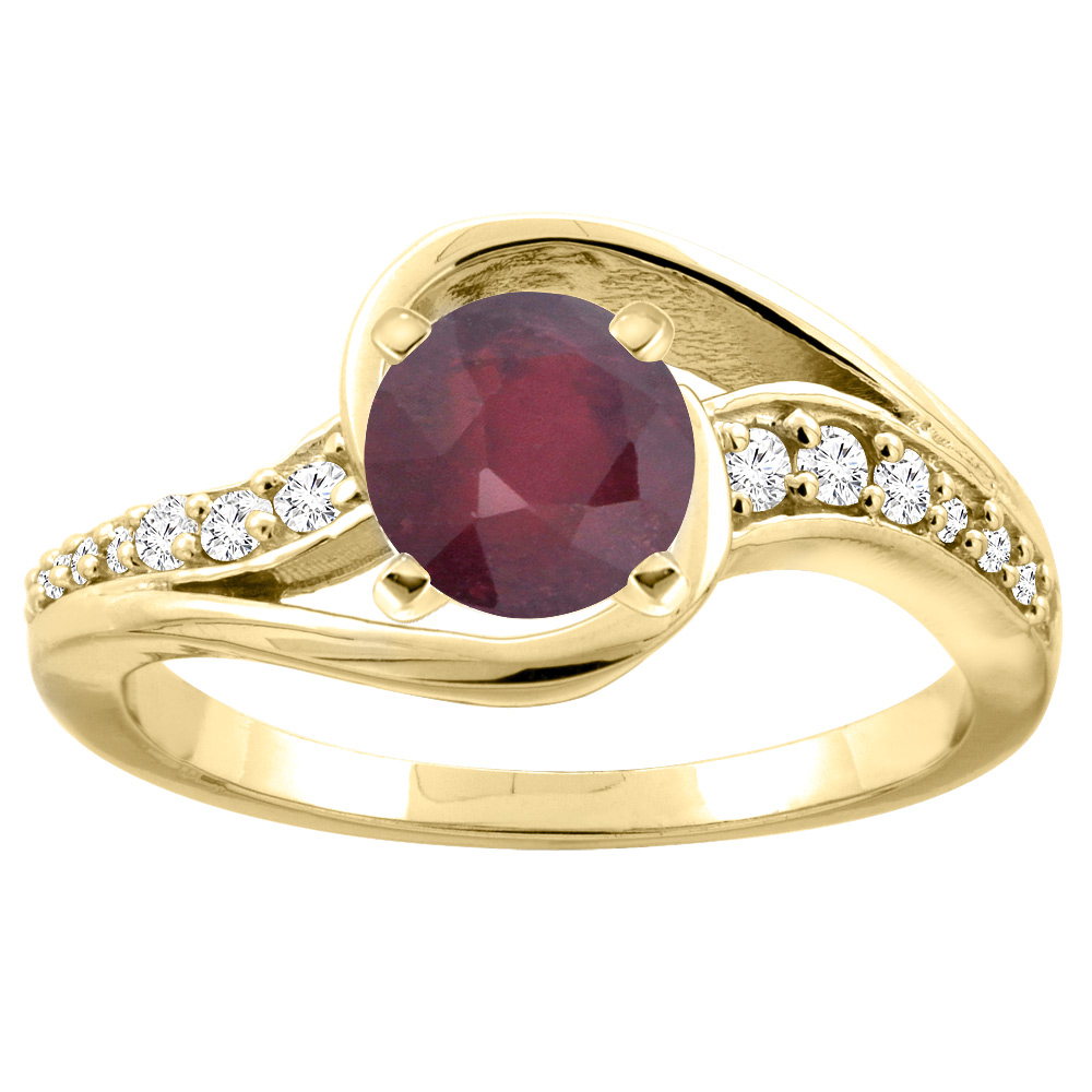 10K White/Yellow Gold Enhanced Ruby Bypass Ring Round 6mm Diamond Accent, sizes 5 - 10