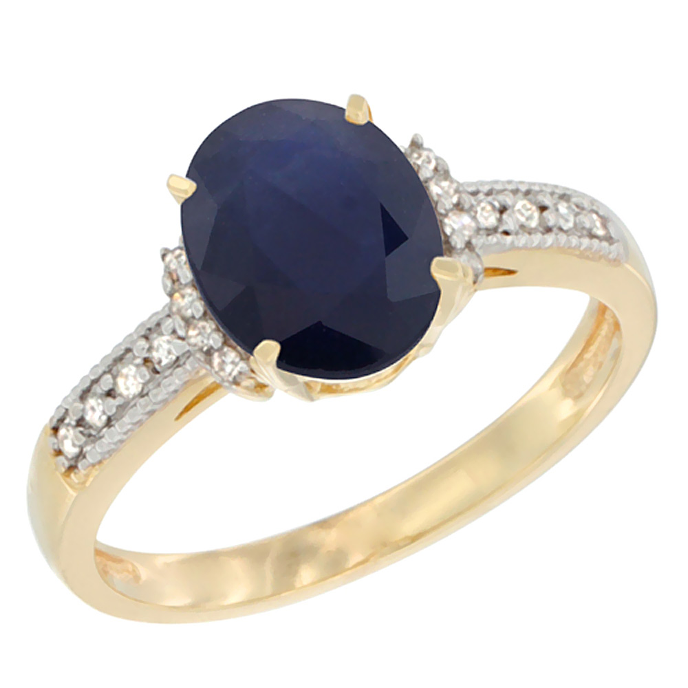 10K Yellow Gold Natural Blue Sapphire Ring Oval 9x7 mm Diamond Accent, sizes 5 - 10