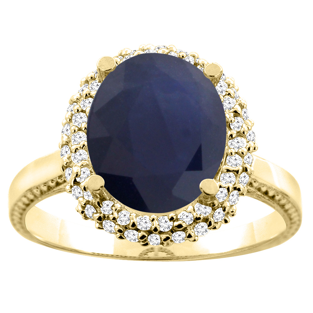 14K White/Yellow Gold Natural Blue Sapphire Double Halo Ring Oval 10x8mm Diamond Accent, sizes 5 - 10